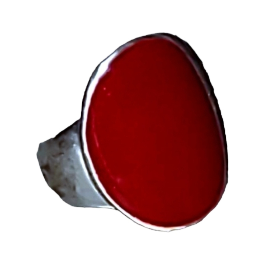 Candy Apple Red Ring Large Oval  Enamel on Thick Silver-Tone Size 6